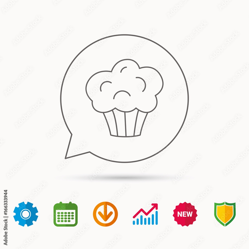 Muffin icon. Cupcake dessert sign. Bakery sweet food symbol. Calendar, Graph chart and Cogwheel signs. Download and Shield web icons. Vector