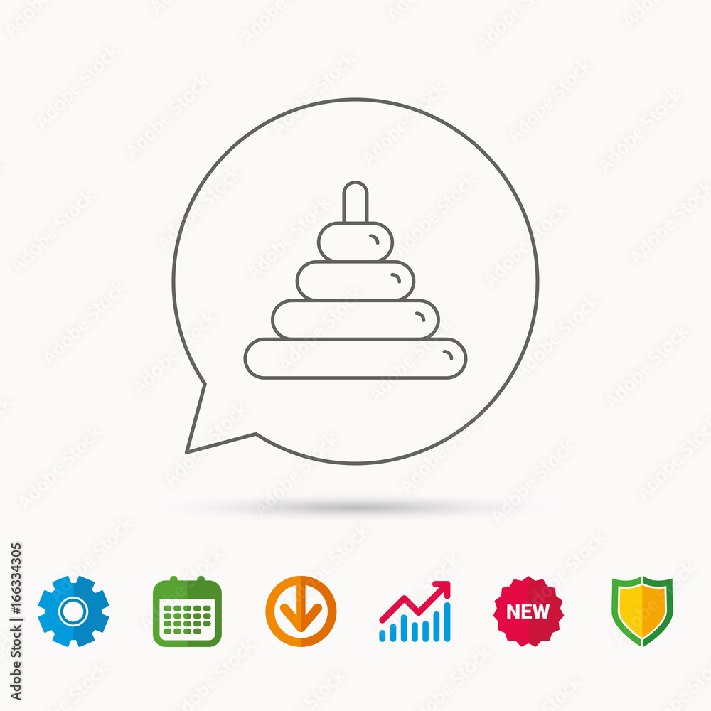 Pyramid baby toy icon. Child tower game sign symbol. Calendar, Graph chart and Cogwheel signs. Download and Shield web icons. Vector Pyramid baby toy icon. Child tower game sign symbol. Calendar, Graph chart and Cogwheel signs. Download and Shield web icons. Vector