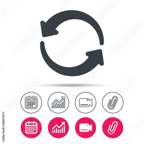Update icon. Refresh or repeat symbol. Statistics chart, calendar and video camera signs. Attachment clip web icons. Vector