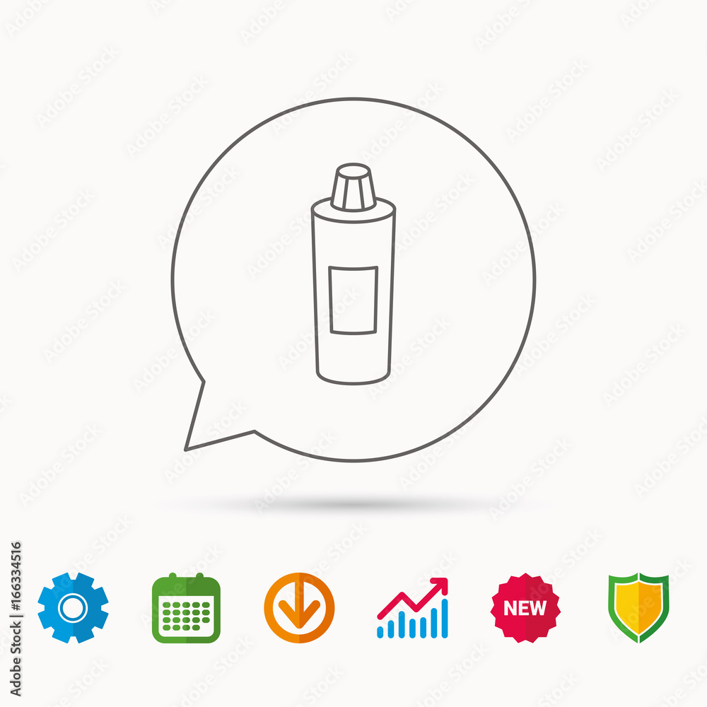 Shampoo bottle icon. Liquid soap sign. Calendar, Graph chart and Cogwheel signs. Download and Shield web icons. Vector Shampoo bottle icon. Liquid soap sign. Calendar, Graph chart and Cogwheel signs. Download and Shield web icons. Vector