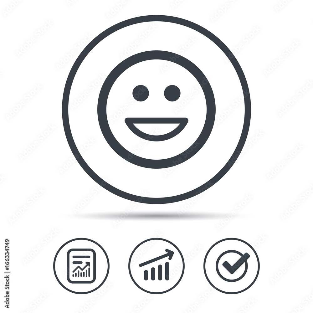 Happy smile icon. Smiley laugh emoticon symbol. Report document, Graph chart and Check signs. Circle web buttons. Vector Happy smile icon. Smiley laugh emoticon symbol. Report document, Graph chart and Check signs. Circle web buttons. Vector