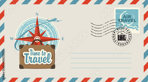 Postal envelope with stamp and rubber stamp. Illustration on the theme of travel with a suitcase, passenger plane against the backdrop of the compass Windrose and the inscription Time to travel