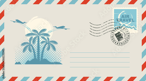 Postal envelope with stamp and rubber stamp. Illustration on the theme of travel with an island with palm trees and airplanes