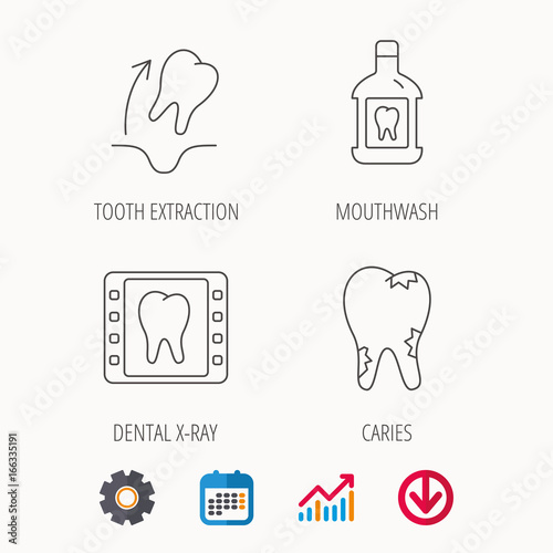 Tooth extraction, caries and mouthwash icons. Dental x-ray linear sign. Calendar, Graph chart and Cogwheel signs. Download colored web icon. Vector