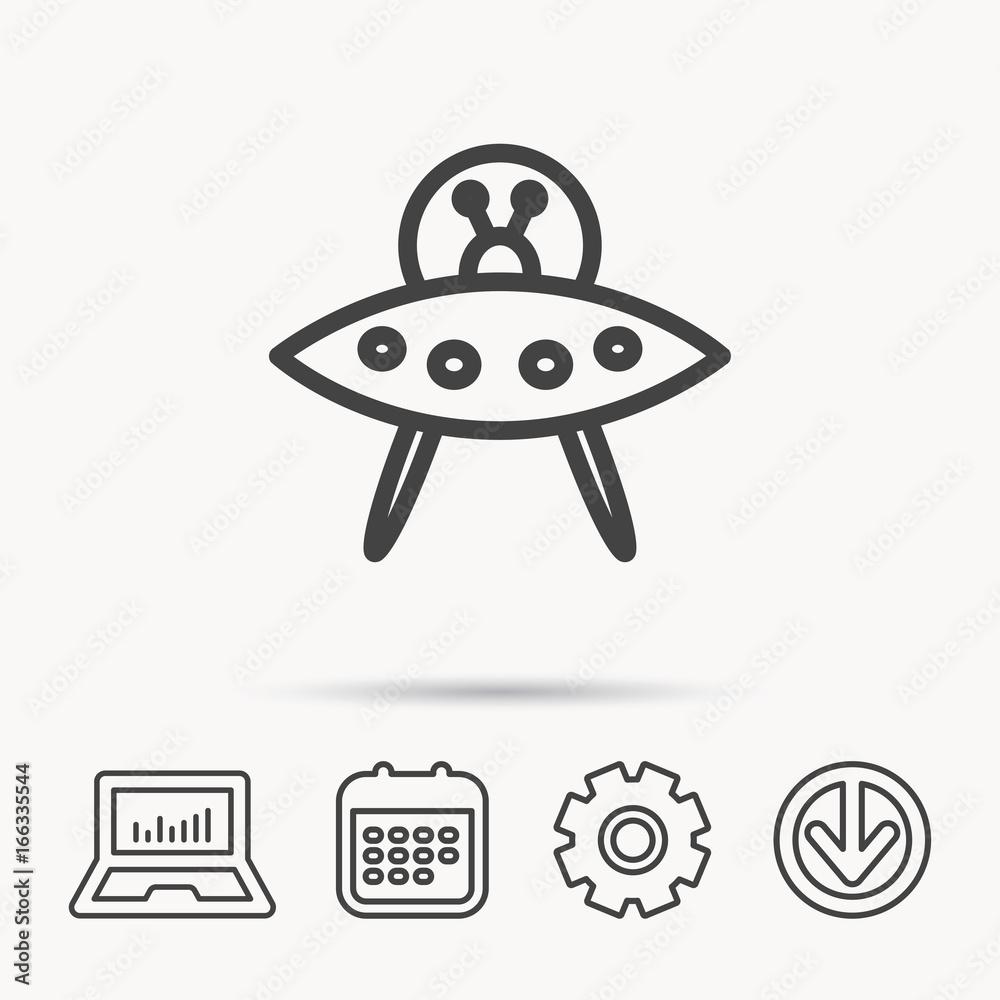 UFO icon. Unknown flying object sign. Martians symbol. Notebook, Calendar and Cogwheel signs. Download arrow web icon. Vector UFO icon. Unknown flying object sign. Martians symbol. Notebook, Calendar and Cogwheel signs. Download arrow web icon. Vector