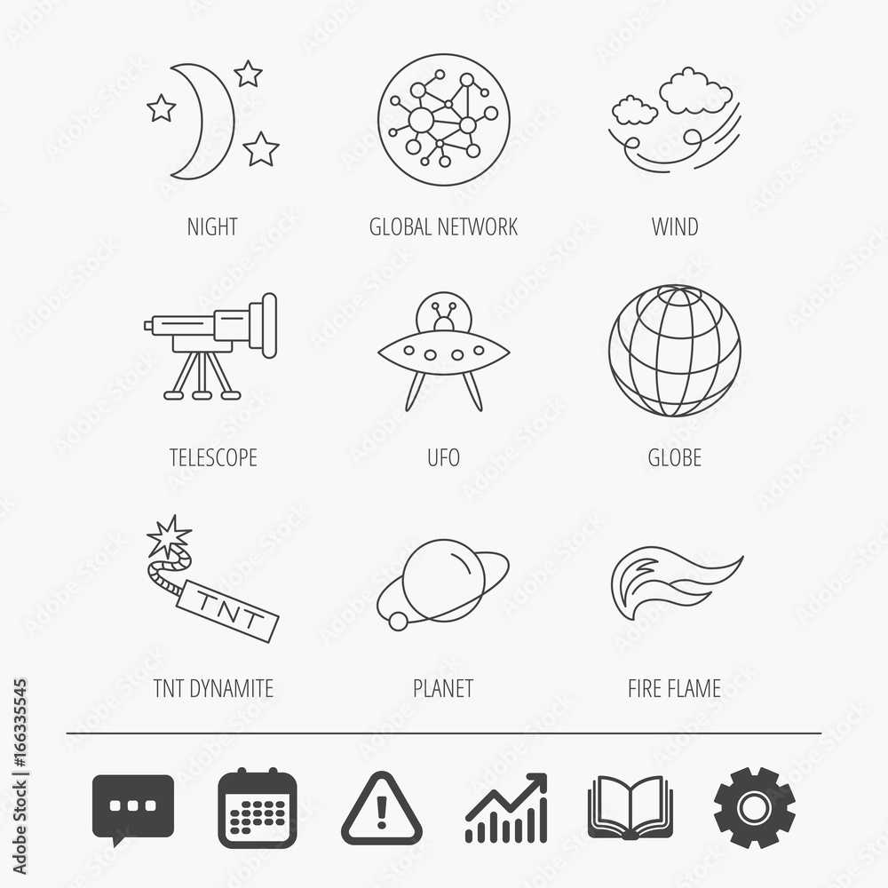 Ufo, planet and telescope icons. World, global network and night linear signs. TNT dynamite, fire flame and wind flat line icons. Education book, Graph chart and Chat signs. Vector