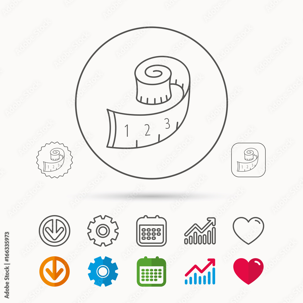 Measuring tape icon. Weight loss sign. Calendar, Graph chart and Cogwheel signs. Download and Heart love linear web icons. Vector Measuring tape icon. Weight loss sign. Calendar, Graph chart and Cogwheel signs. Download and Heart love linear web icons. Vector