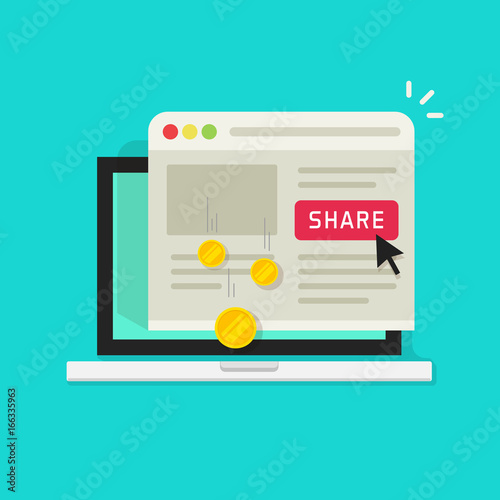 Affiliate marketing concept vector illustration, flat cartoon laptop computer with share button and money earning from sharing on social media, idea of affiliate program