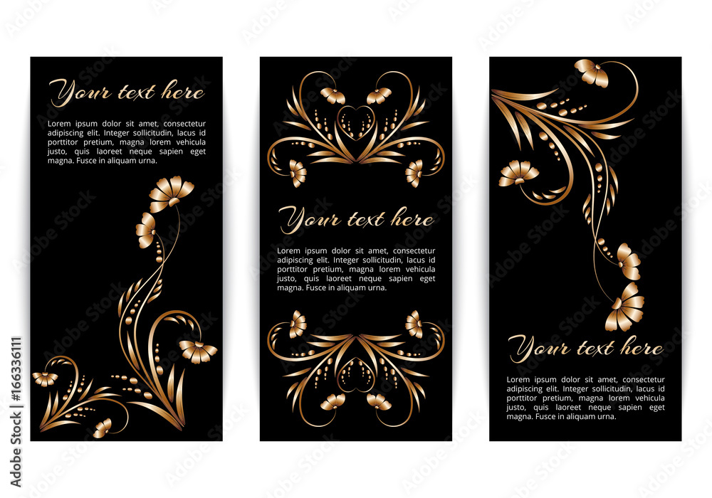 Set of vertical banners with gold foil colors on a dark background
