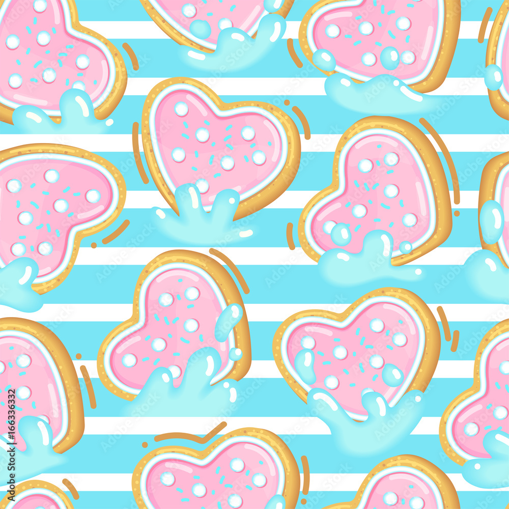 Vector seamless pattern of cookies in milk. Sweet heart-shaped cookies on a background of white strips. Vector seamless pattern of cookies in milk. Sweet heart-shaped cookies on a background of white strips.