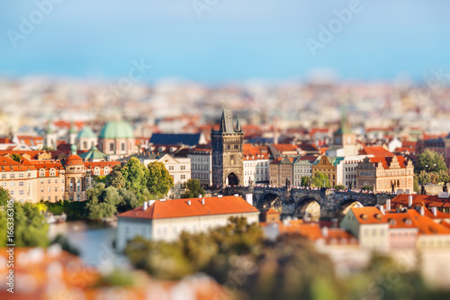 Fotografie Aerial view of Charles Bridge in Prague, Czech Republic on a sunny evening