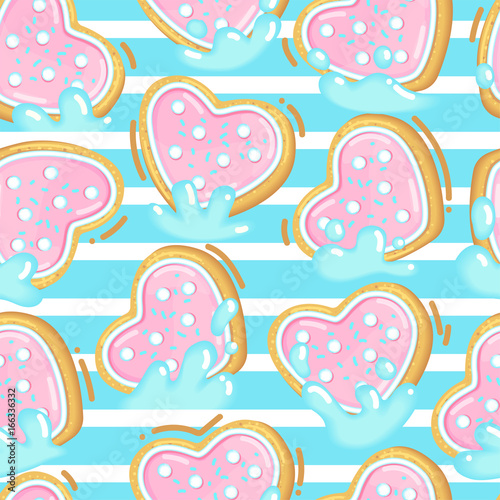 Vector seamless pattern of cookies in milk. Sweet heart-shaped cookies on a background of white strips.