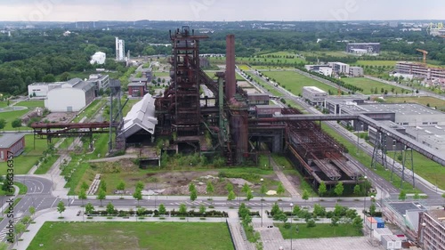 Aerial of the old steel mill in Dortmund, Phoenix-West district Hörde, drone view over the steel monument, 4K photo