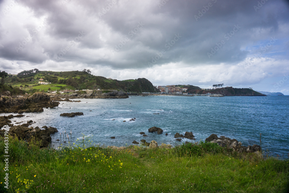 Amazing landscape with ocean, cliffs, beach, greens and flowers in summer day with dark clouds and thunderstorm sky; wallpaper of the Bay of Biscay
