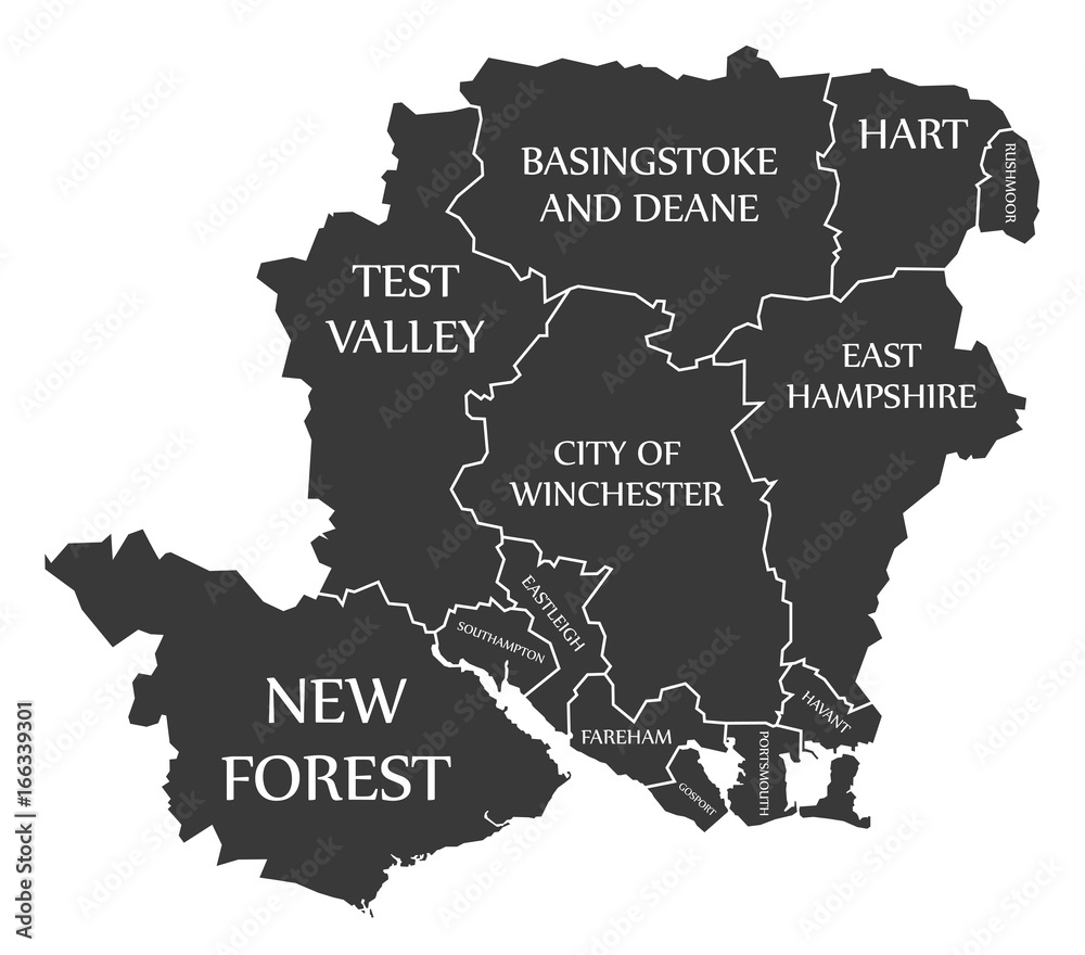 Hampshire county England UK black map with white labels illustration