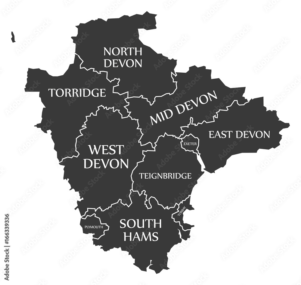 Devon county England UK black map with white labels illustration