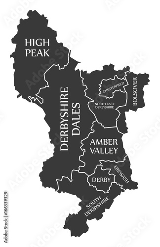Derbyshire county England UK black map with white labels illustration
