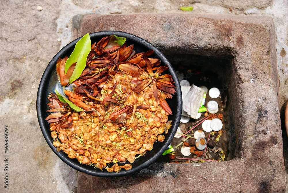 Sesajen in Sukuh Temple, Indonesia. Sesajen / offering is cultural heritage of Hindu usually done to admire Gods