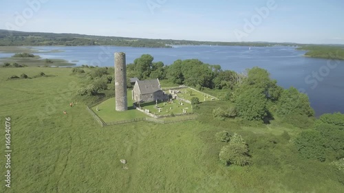 Aerial birds eye view Holy Island off the western shore of Lough Derg in Ireland. Now uninhabited, it was once a monastic settlement. photo