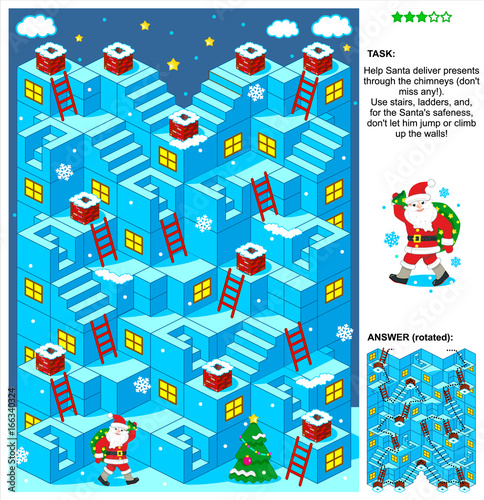 Christmas or New Year themed 3-dimensional maze game with stairs, ladders and Santa delivering presents through the chimneys. Answer included.
