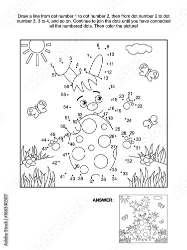 Easter themed connect the dots picture puzzle and coloring page with bunny and painted egg. Answer included.
