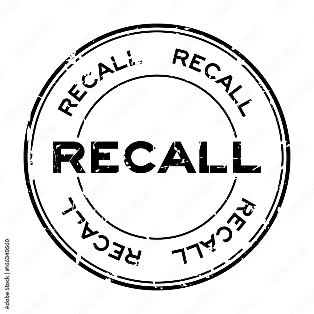 Grunge black recall round rubber seal stamp on white background