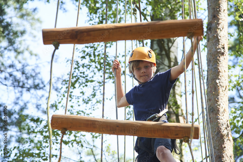 Child boy enjoys climbing in the ropes course adventure. Child engaged climbing high wire park. Active brave little boy enjoying climbing at treetop adventure park Child boy enjoys climbing in the ropes course adventure. Child engaged climbing high wire park. Active brave little boy enjoying climbing at treetop adventure park