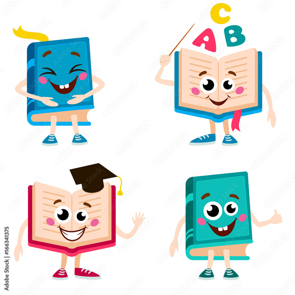 Set of funny book characters. Cartoon vector illustration isolated on white  background. Cute books with smiling faces, arms and legs, school, education  concept, design elements Stock Vector | Adobe Stock