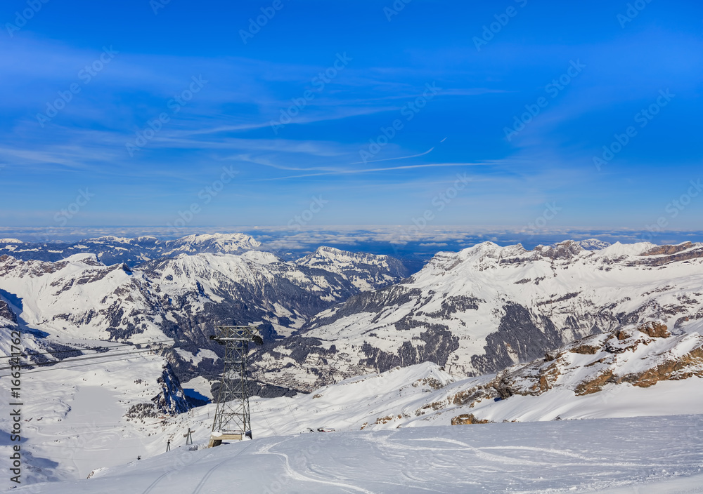View from the Titlis mountain in Switzerland in wintertime