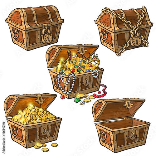 Fotografie, Obraz Open and closed pirate treasure chests, locked, empty, full of coins and jewelry, hand drawn cartoon vector illustration isolated on white background