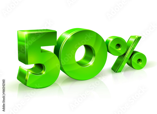 Glossy green 50 Fifty percent off, sale. Isolated on white background, 3D object.