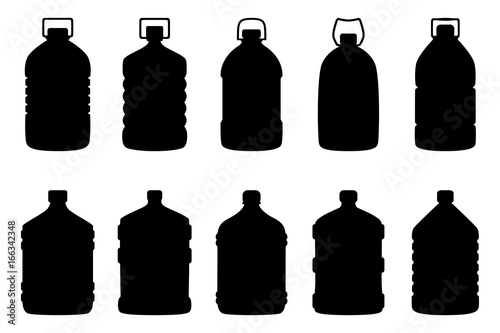 Set of silhouettes of big water bottles, vector illustration