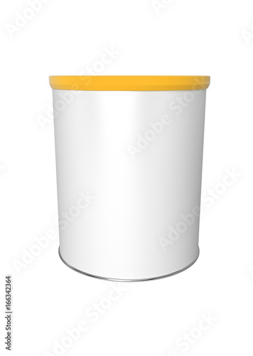 3D realistic render of Round white tin can with orange plastic lid, Container for tea, coffee, sugar, candy, food, spice or paint. Realistic packaging mock up template with clipping path.