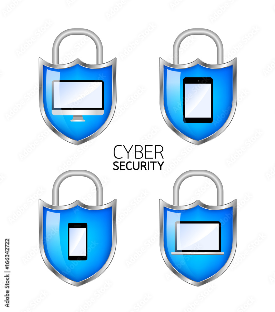 Shield With laptop, mobile phone, computer and tablet. Cyber security icon design set. Privacy concept. Illustration isolated on white background. Shield With laptop, mobile phone, computer and tablet. Cyber security icon design set. Privacy concept. Illustration isolated on white background.