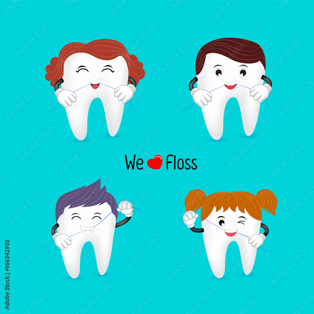 Cute cartoon family tooth character using dental floss. We love floss ...
