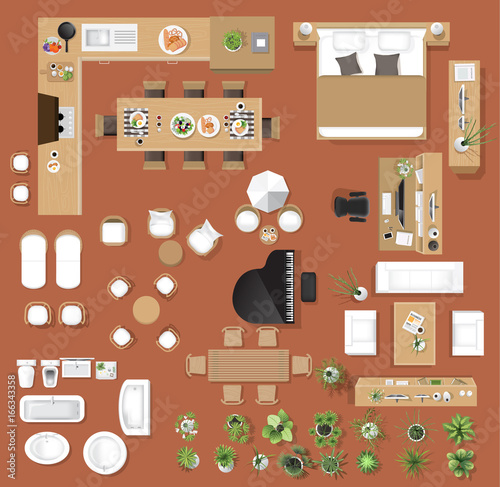  Interior icons top view, tree ,furniture, bed,sofa, armchair, for architectural or landscape design, for map.vector illustration