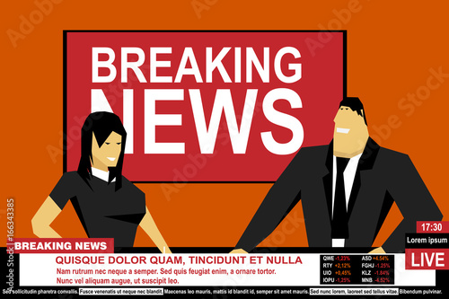 Internet TV breaking news male and female from a studio. Media on television broadcast vector concept.