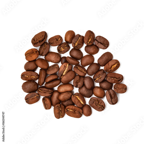 Roasted coffee beans isolated on white background, top view