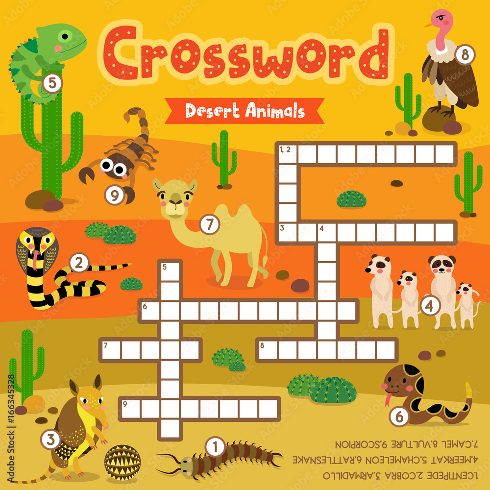 Crosswords puzzle game of desert animals for preschool kids activity  worksheet colorful printable version. Vector Illustration. Stock Vector |  Adobe Stock