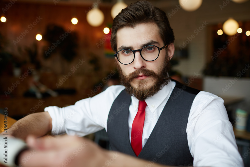 Elegant Man In Eyeglasses, White Shirt, Grey Waistcoat And Red Tie Stock  Photo | Adobe Stock