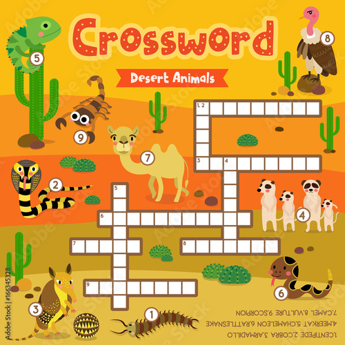 Crosswords puzzle game of desert animals for preschool kids activity worksheet colorful printable version. Vector Illustration.