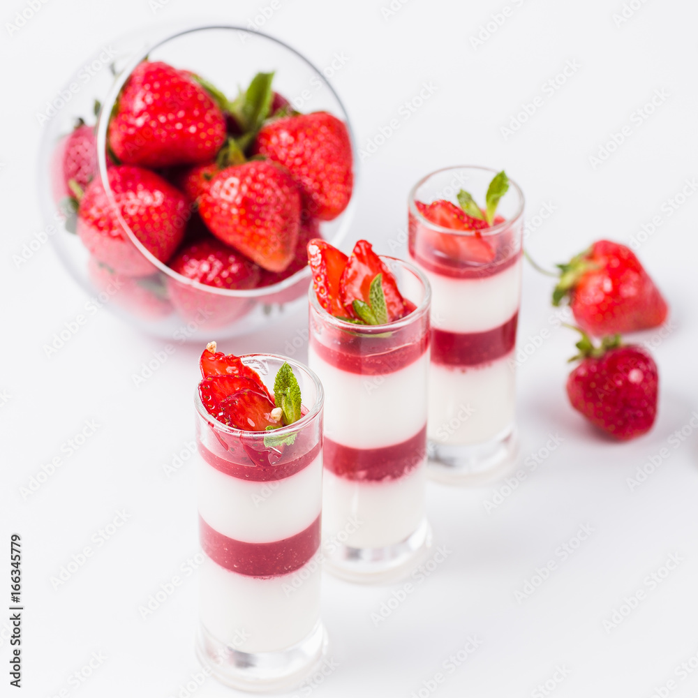 Strawberry Panna Cotta on a white background Strawberry Panna Cotta on a white background
