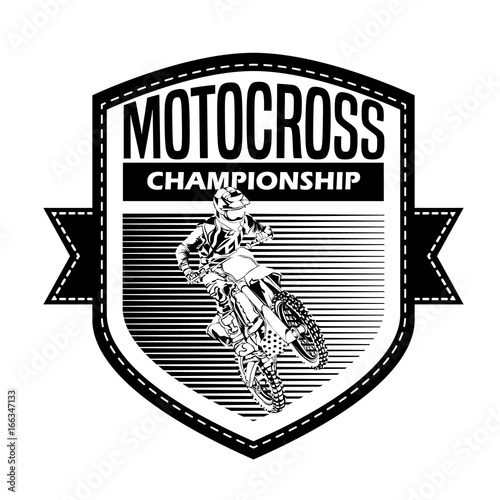 black and white motocross rider badge logo design vector illustration