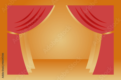 An open red curtain. Scene of the theater. Yellow background. For movie or other presentation design template.