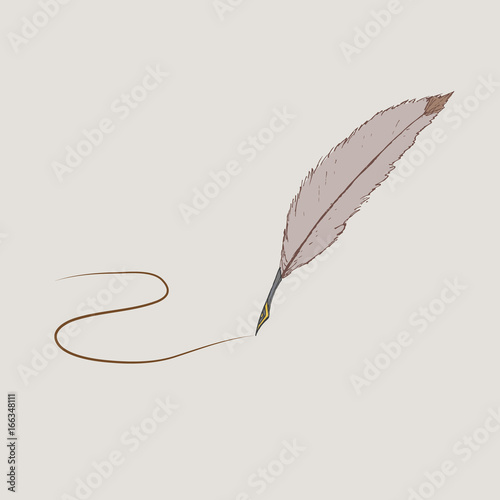 Brown feather with a metal tip in retro style on a beige background with a drawn out stroke. The image can be an illustration for literature, an independent icon or part of the composition