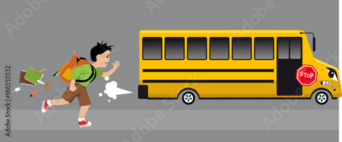 Little boy running after a school bus, losing school supplies, EPS 8 vector illustration