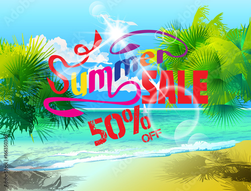 Summer sale with 50% off on a background of palm leaves, sun, beach, sea, blue sky with clouds. Vector.