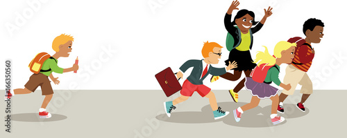 A boy unable to catch up with a group of running friends as a metaphor for academic struggle  EPS 8 vector illustration