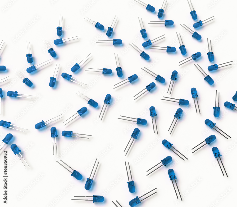 3D realistic render of group blue 3mm led diodes on white background with shadow 3D realistic render of group blue 3mm led diodes on white background with shadow