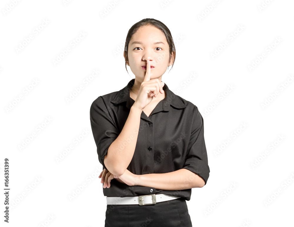 portrait of a beautiful asian businesswoman smiling and showing sign hands for shut up. Isolated on white background with copy space and clipping path portrait of a beautiful asian businesswoman smiling and showing sign hands for shut up. Isolated on white background with copy space and clipping path